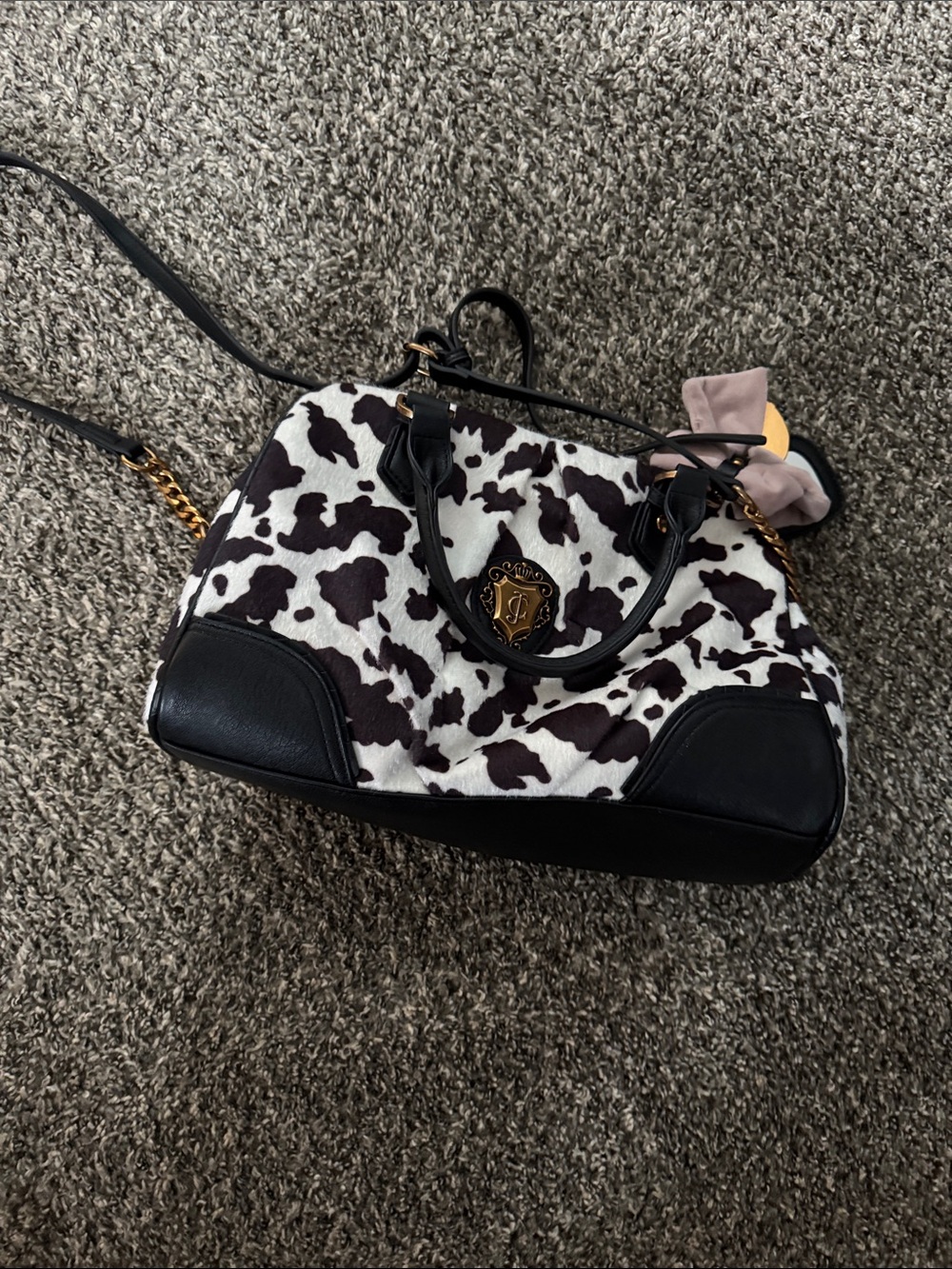 Juicy Couture Black and White Cow Print Satchel with Gold Emblem